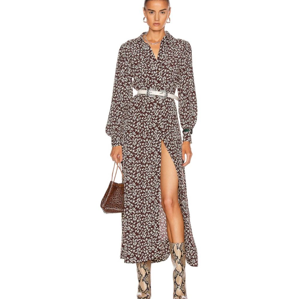 Ganni Printed Floral Crepe Side Slit Midi Dress